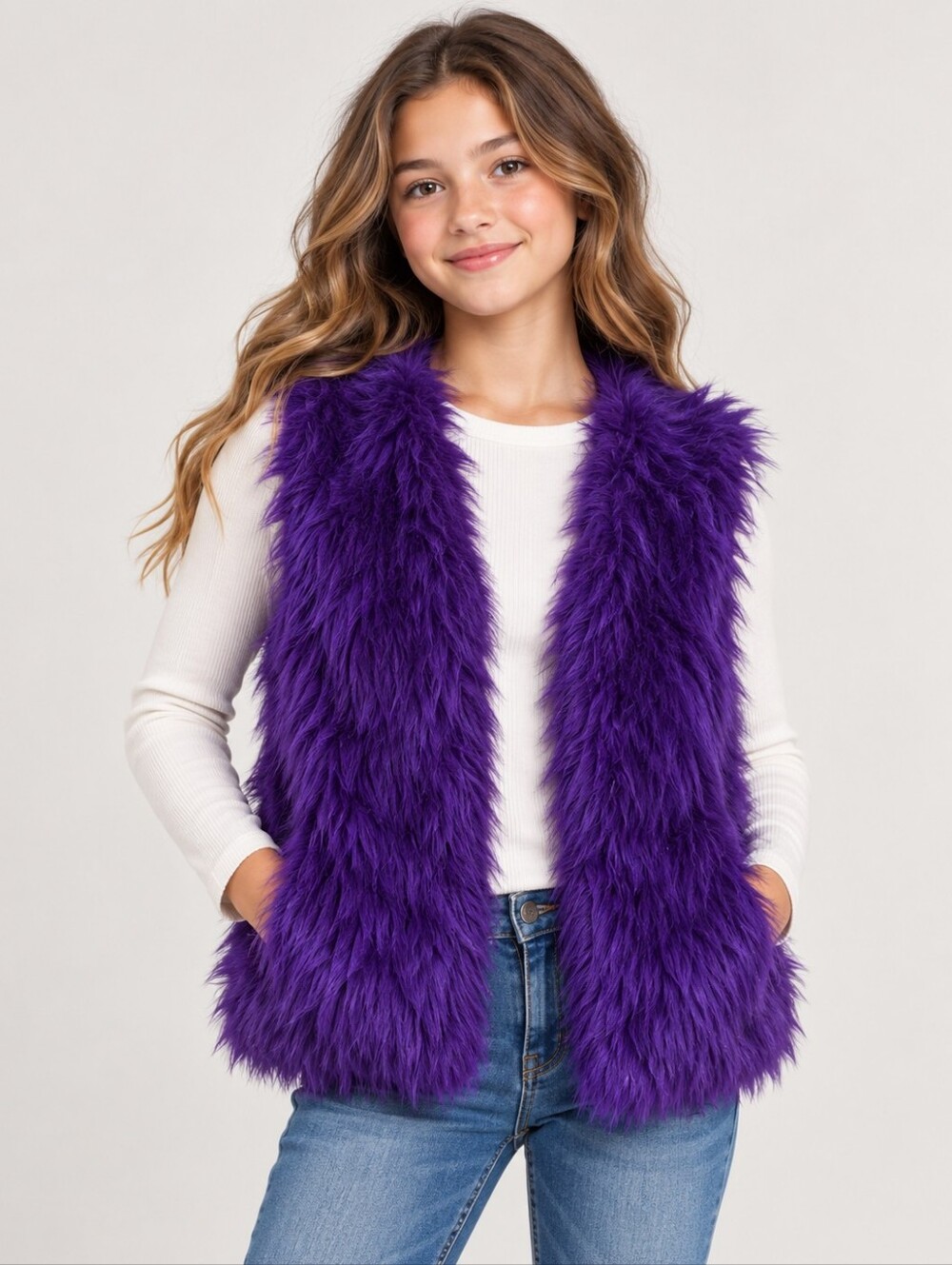 JUSTICE GIRLS BOLD PURPLE FUR VEST SZ 14